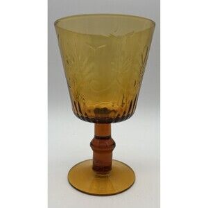 Vintage Amber "Circleware" Glass Water Wine Goblet Made in China Fleur de lis